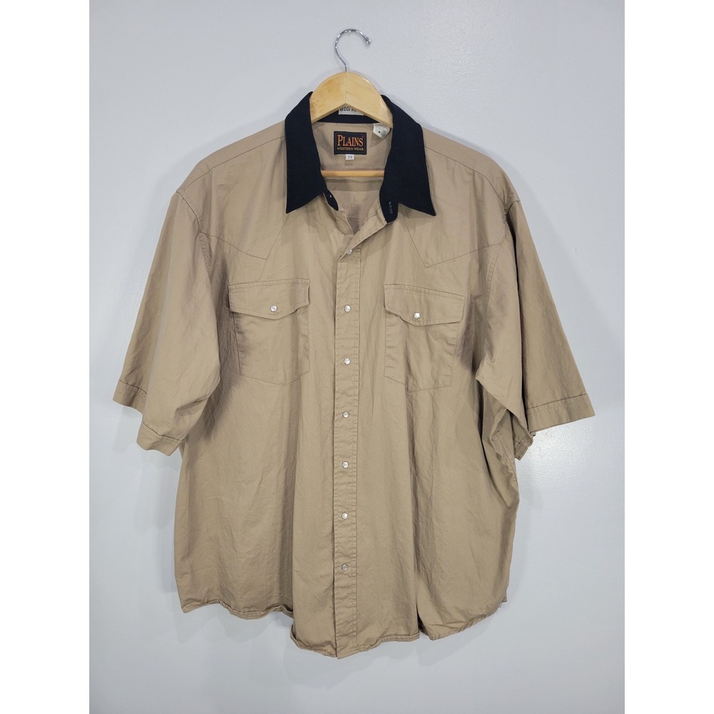 Plains Western Wear Mens 2X Tan Short Sleeve Pearl Snap Shirt Black Collar